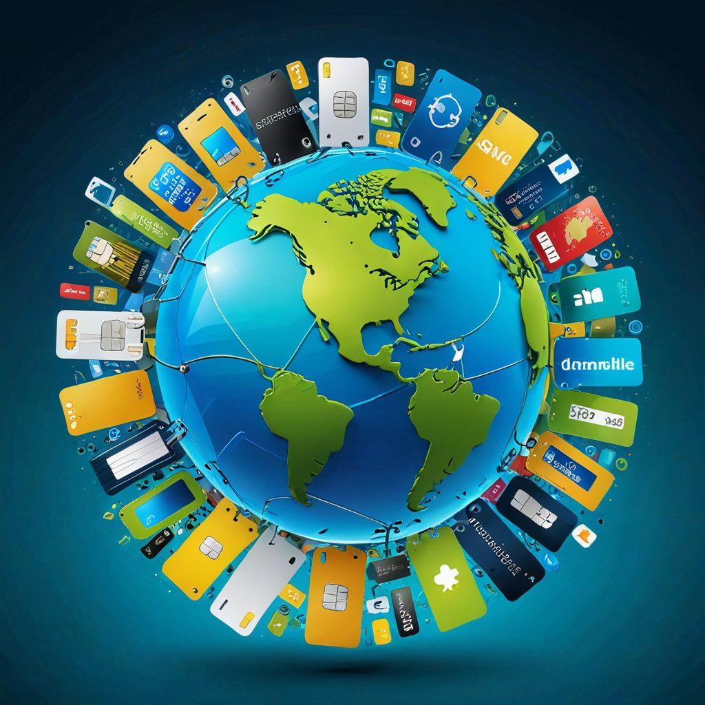 A modern, abstract representation of a smartphone surrounded by various SIM cards, keys, and gear symbols, symbolizing unlocking and connectivity. The background features a globe with mobile signals radiating out, illustrating global communication. Bright, engaging colors to evoke a sense of innovation and technology. super-realistic. vibrant colors. 3D.