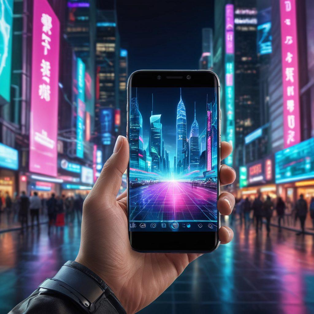 A futuristic scene featuring a person unlocking a sleek, advanced smartphone with a holographic interface showcasing various unlocking methods like patterns, biometric features, and software options. The background should have a tech-savvy cityscape with vibrant neon lights, symbolizing innovation and connectivity. The overall atmosphere should evoke a sense of empowerment and curiosity about mobile technology. super-realistic. vibrant colors. cyberpunk.